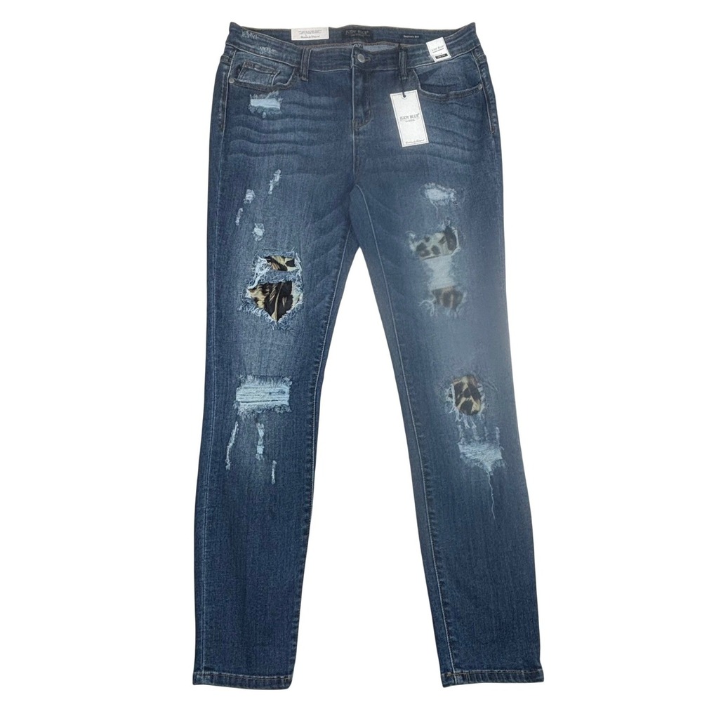 Judy Blue Jeans Women 13/31 Distressed Skinny Leopard Patch Mid Rise Stretch NWT